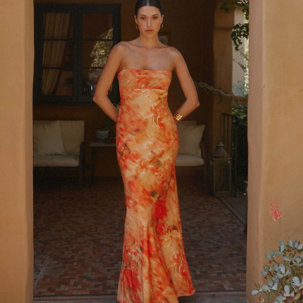 Peppermayo Strapless Orange Floral Dress